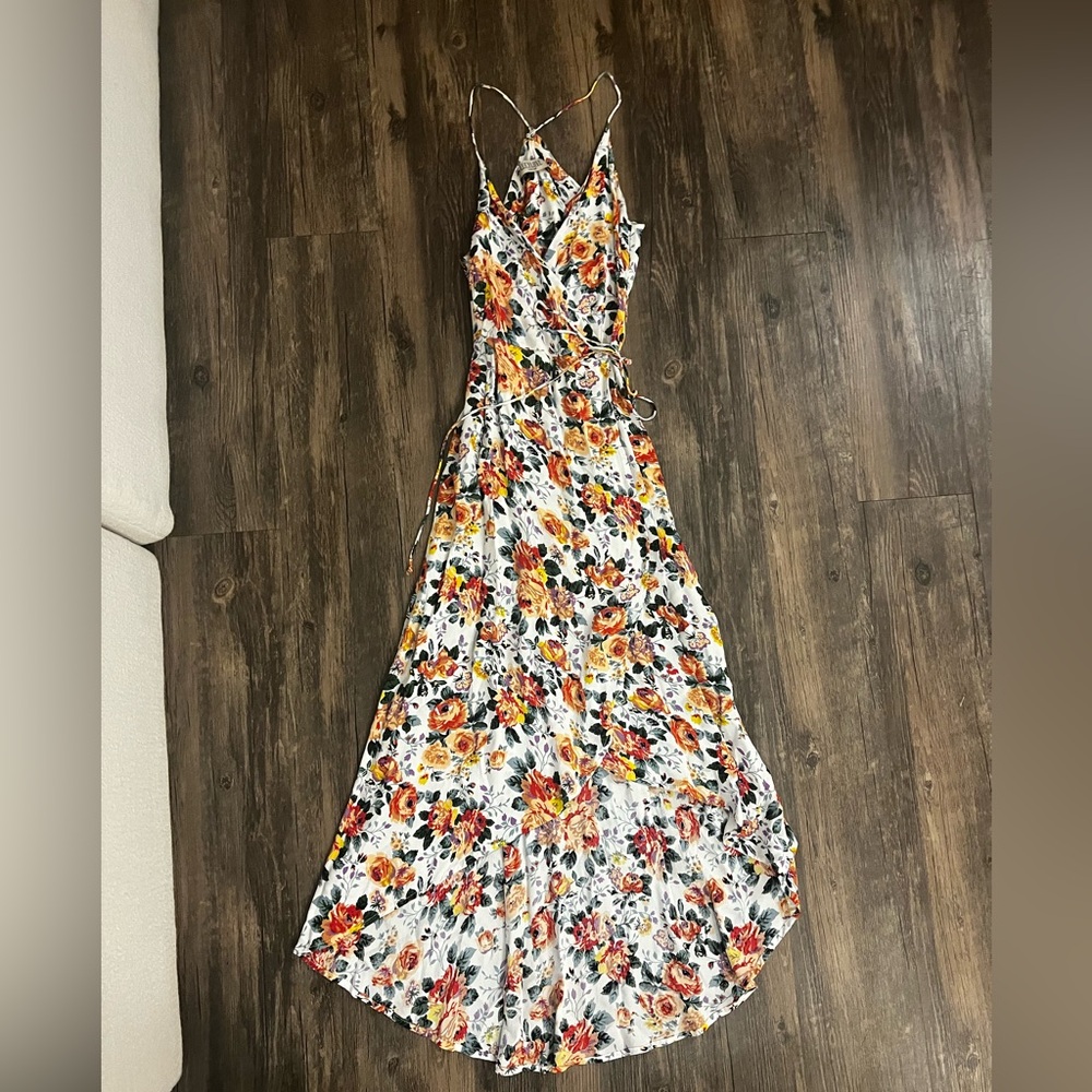 Lucy Love Orange Brown Spaghetti Strap Floral Wrap Sundress